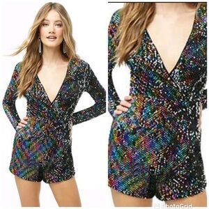 Forever 21 Sequin Shorts Romper Long Sleeve Size S Disco Rainbow Sparkly Swiftie